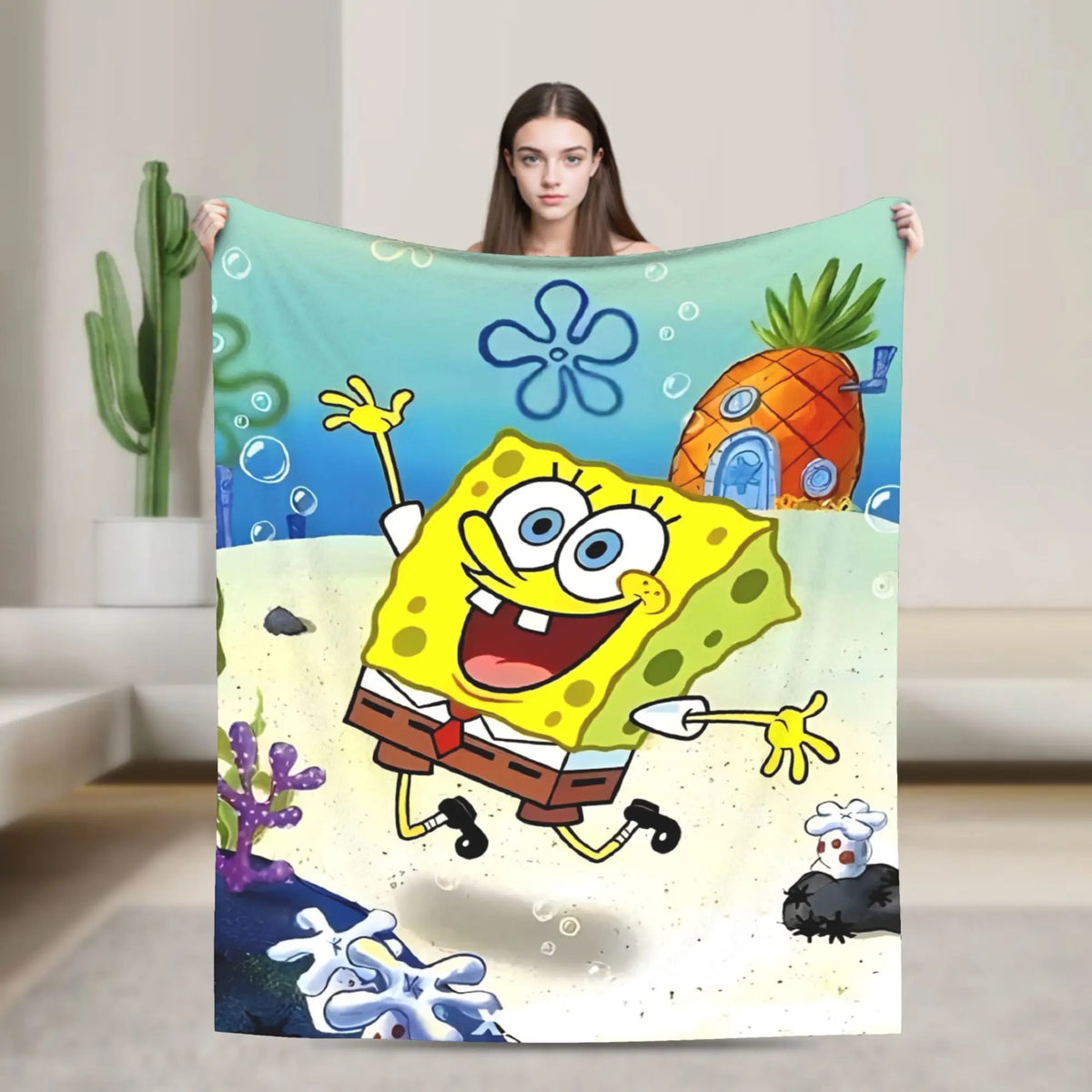 SpongeBob Flannel Throw Blanket – Soft Breathable Character Blanket for Bed, Lounge & Summer