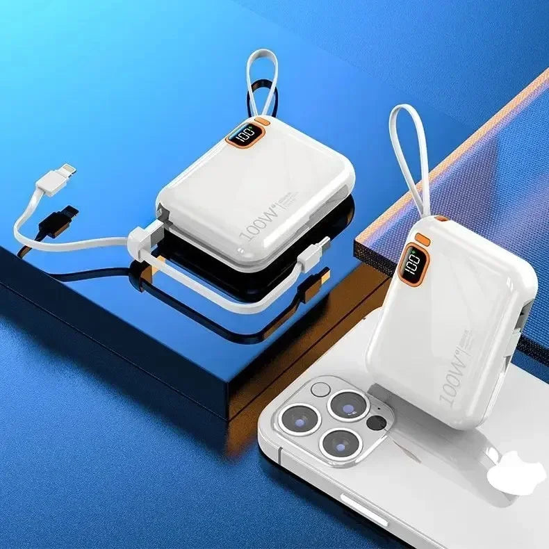 66W Portable Mini Power Bank 20000mAh – Built-in Cable, PD Fast Charging for iPhone & Android