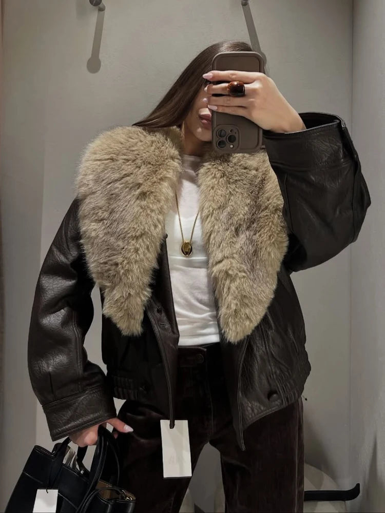 Women's Double-Breasted Faux Fur Collar Leather Bomber Jacket – Loose Warm Streetwear Coat