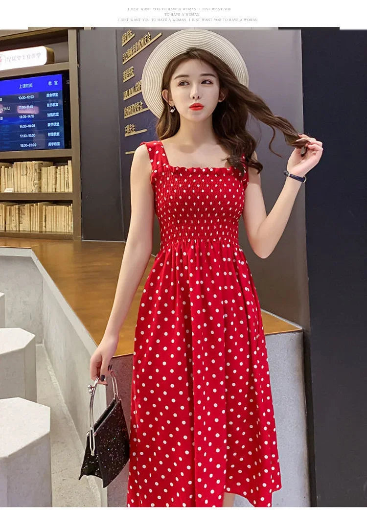 Polka Dot Square Neck Chiffon Maxi Dress — Sleeveless Elegant Long Dress