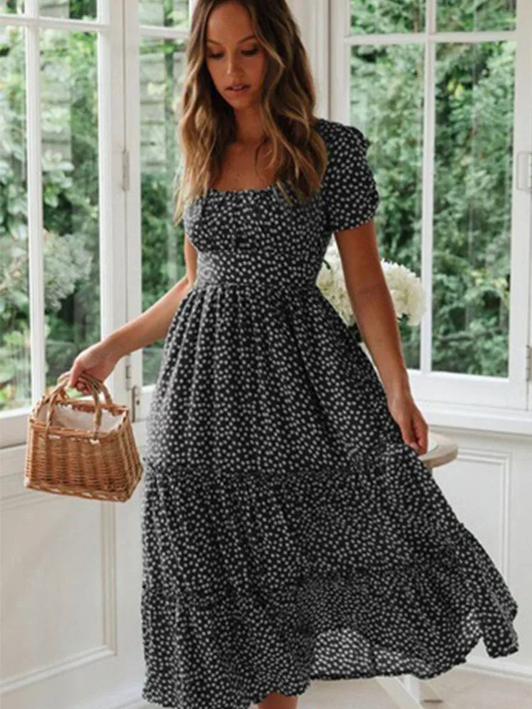 Women's Vintage Floral Puff Sleeve Maxi Beach Dress – Square Collar Casual Long Dress