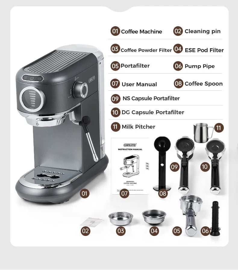 Cafelffe 4-in-1 Coffee Maker – 19 Bar Espresso Machine, Dolce Gusto & Nespresso Capsule, ESE Pod & Ground Coffee