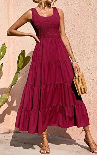 Elastic Waist Big Swing Floral Beach Party Long Dress — Sleeveless Elegant Summer Dress