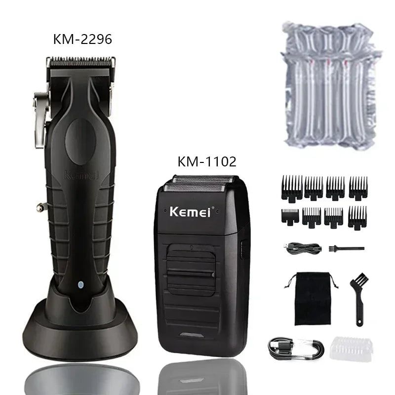 Kemei KM-2296 Professional Hair Clipper – Seat Charger, Stainless Steel Blade, 90-Min Battery, Cordless