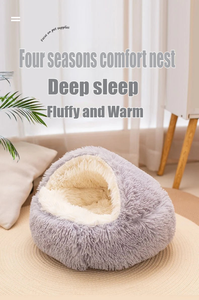 2-in-1 Soft Plush Round Pet Bed with Cover – Warm Cave Nest for Small Dogs & Cats, 50cm