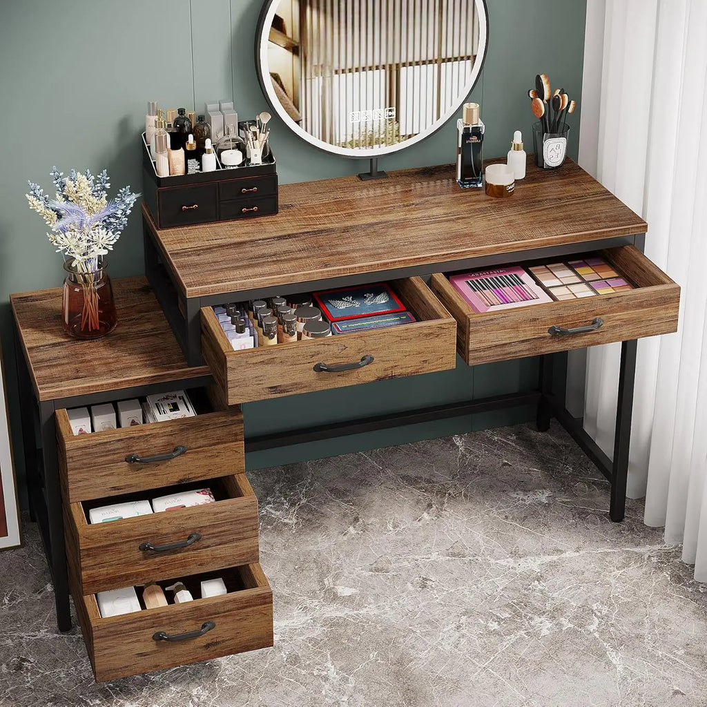 Vanity Desk with 5 Drawers & 3-Drawer Side Chest — No Mirror