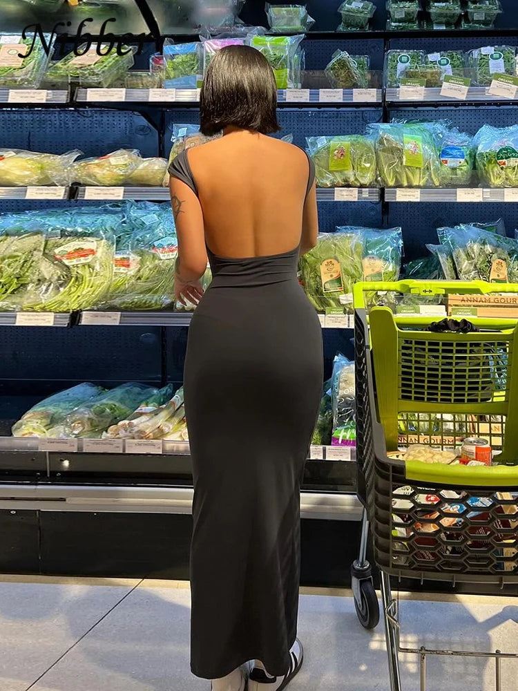 Nibber Solid Backless Bodycon Maxi Dress – Elegant Slim Short Sleeve Long Dress