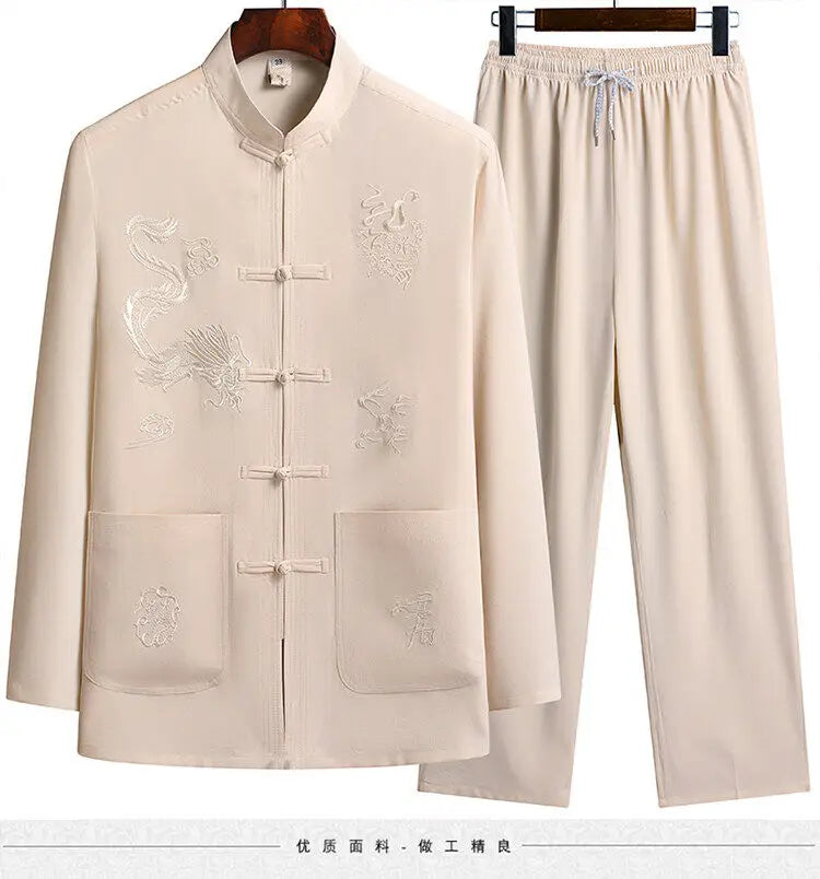 Men's Chinese Style Long Sleeve Shirt & Elastic Waist Pants Casual Set