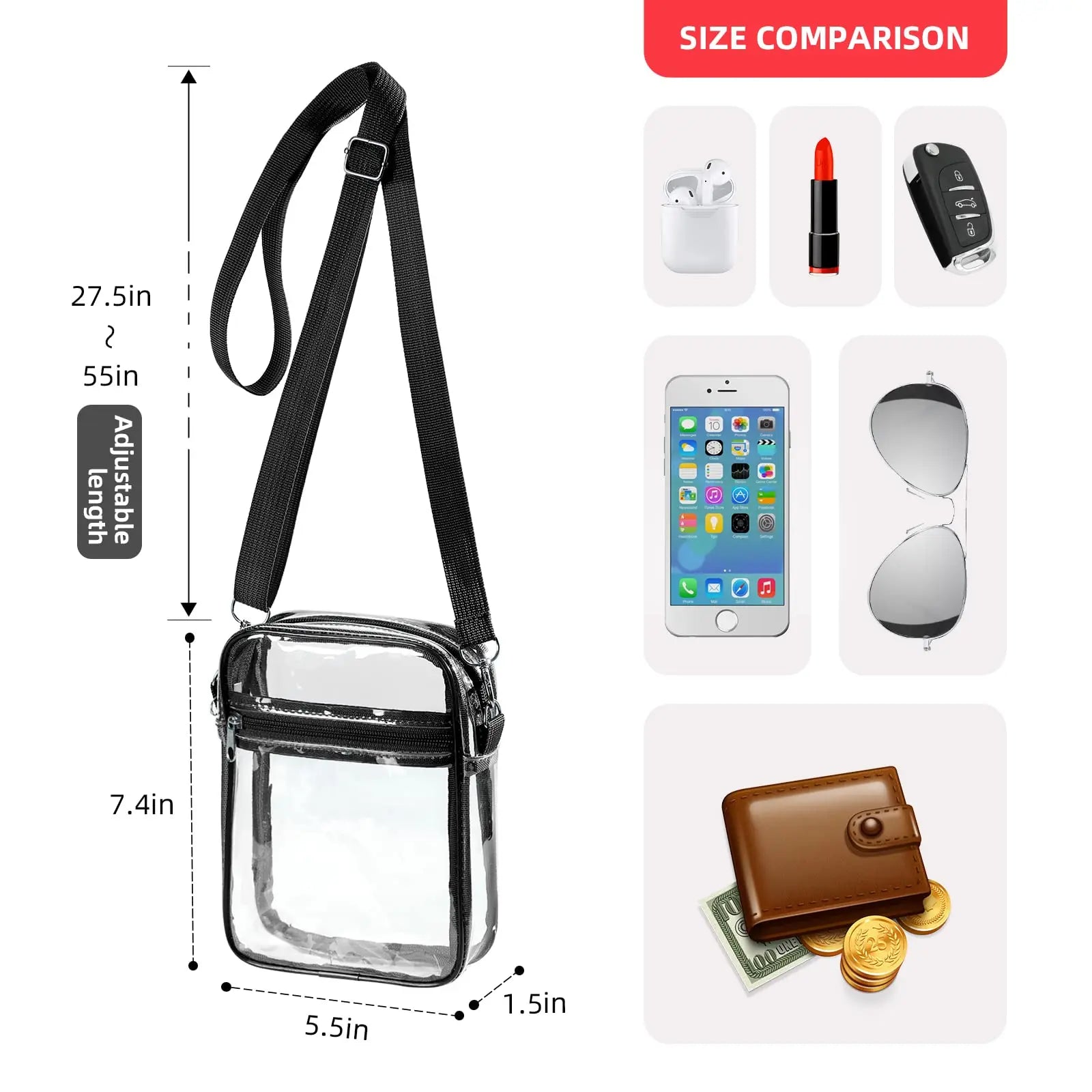 Women's Clear Stadium Crossbody Bag – PVC Transparent Shoulder Purse with Front Pocket