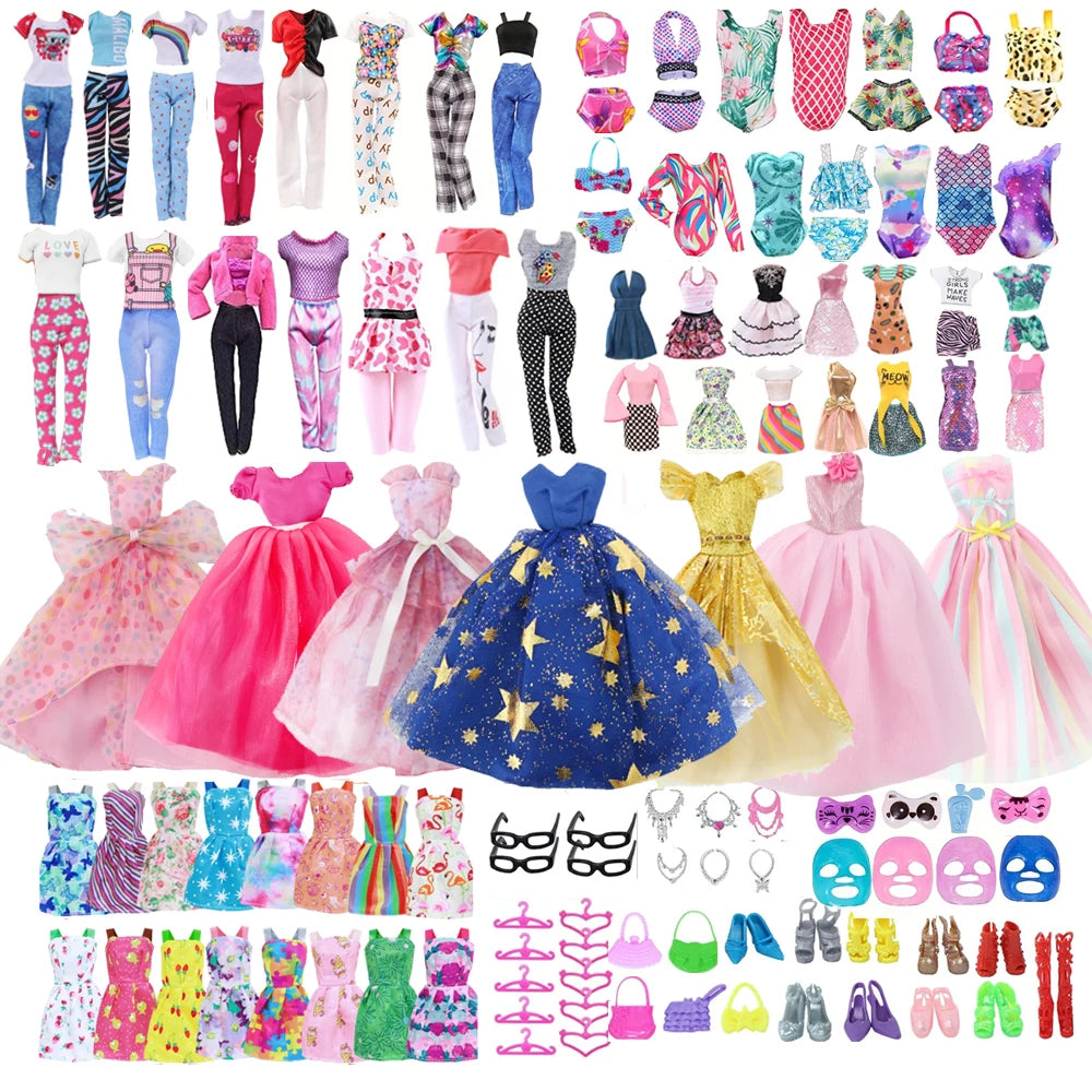 64-Piece Doll Clothes & Accessories Set — Fashion Gowns, Swimsuits, Shoes & More for 11.5" Dolls