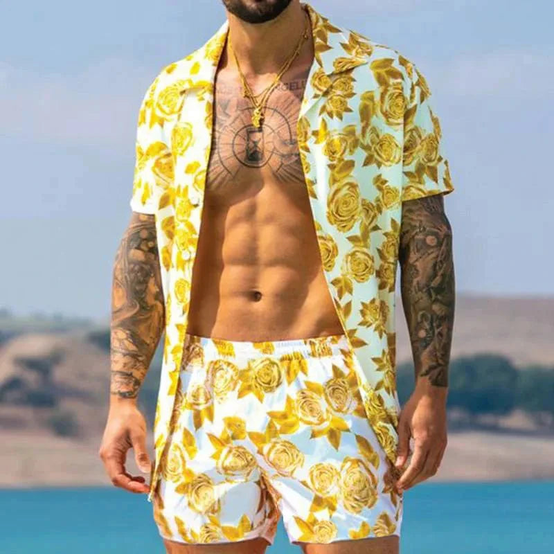 Men's Leopard Print Short Sleeve Shirt & Shorts Set – Breathable Beach Style Summer 2-Piece