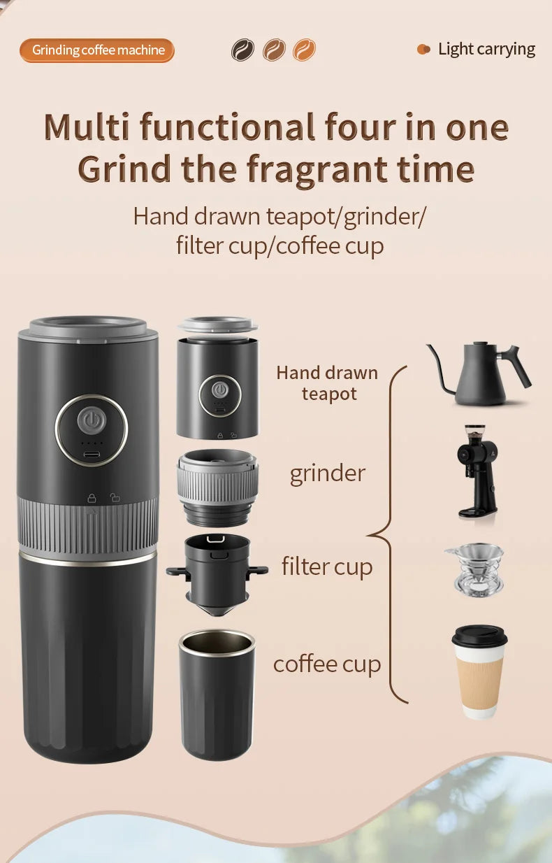 3-in-1 Portable Capsule Espresso Coffee Maker – Type-C Rechargeable, Automatic, for Car, Home & Camping