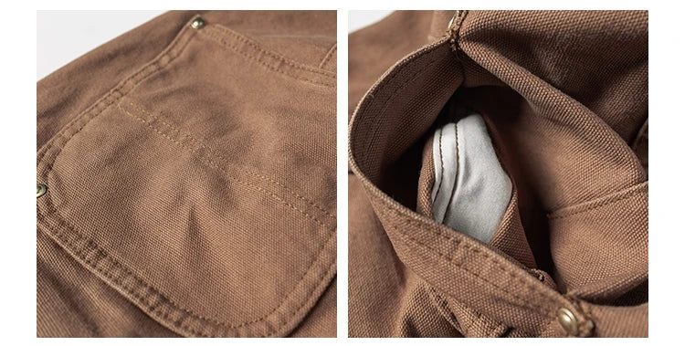 Close-up of a brown canvas garment showing a stitched pocket on the left panel and the interior opening with a light gray lining on the right panel.