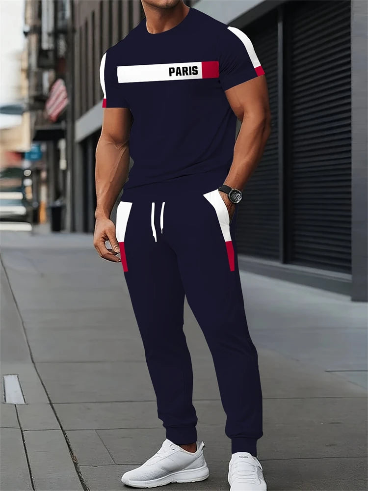 Men's Letter Print Round Neck Short Sleeve & Drawstring Long Pants Plus Size 2-Piece Outfit