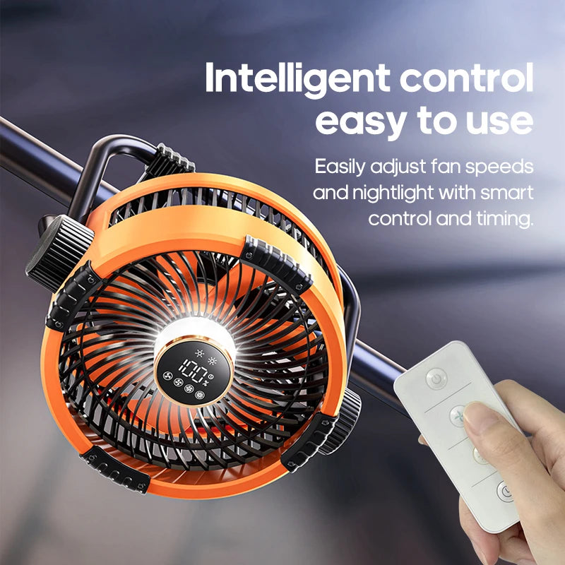 20000mAh 6-in-1 Outdoor Camping Fan – Rechargeable Wireless Tent Ceiling Fan with LED Light & Air Circulator