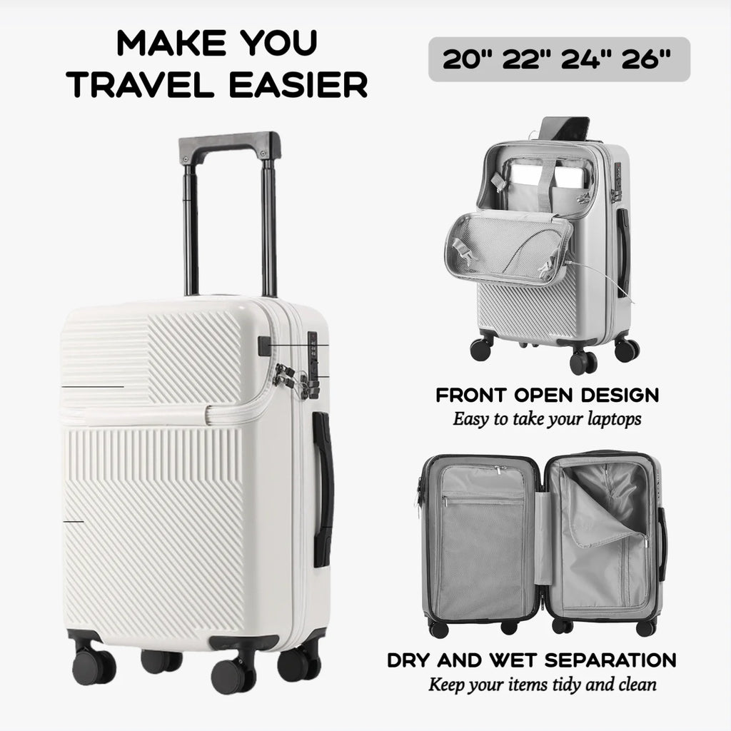 2024 Durable Large Capacity Luggage Set — Front Open with Built-In Charging Port, Carry-On Travel 20/22/24/26"
