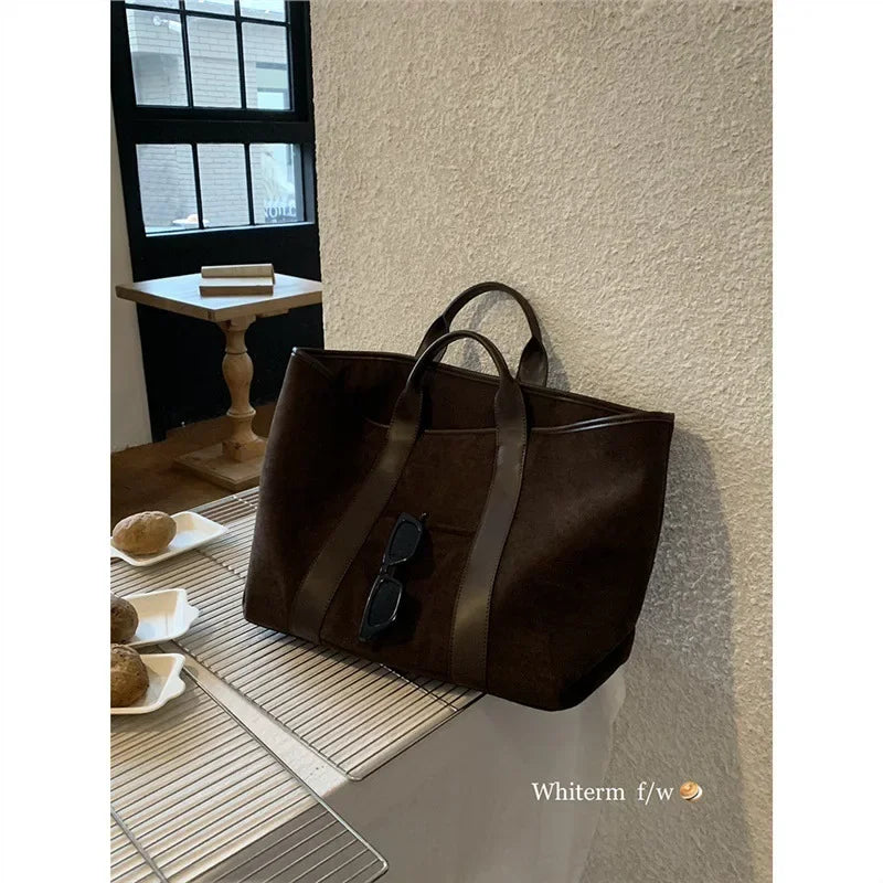 Large Capacity Retro Faux Suede Shoulder Tote Bag – Luxury Commuter Travel Handbag for Women