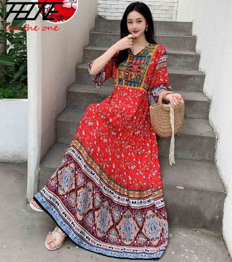 Indian Embroidery Bohemian Beach Maxi Prom Dress — Vintage Elegant Long Party Dress