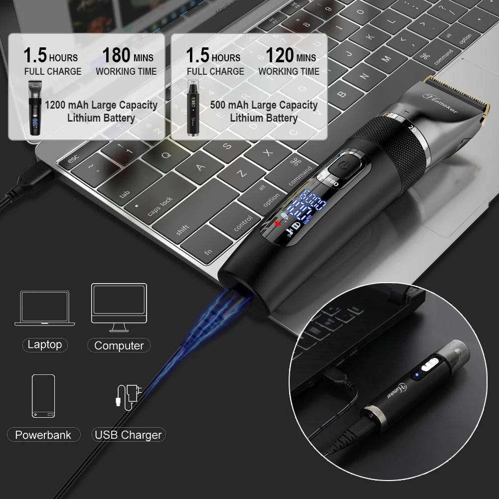 HATTEKER Multifunction Hair Clipper & Nose Trimmer – Waterproof, 120-Min Runtime, USB Fast Charge