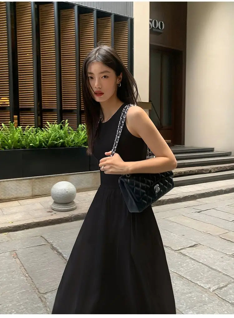 Women's Vintage Black Midi Dress – O-Neck Office Lady Casual Style with Pockets