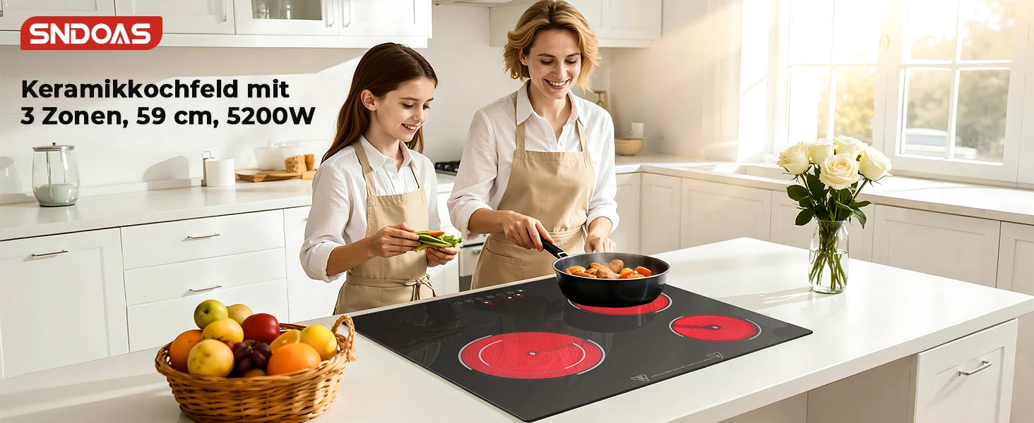 6000W 4-Zone Ceramic Induction Hob – 60cm Black Glass, Touch Control, 9 Power Levels, Timer & Child Lock