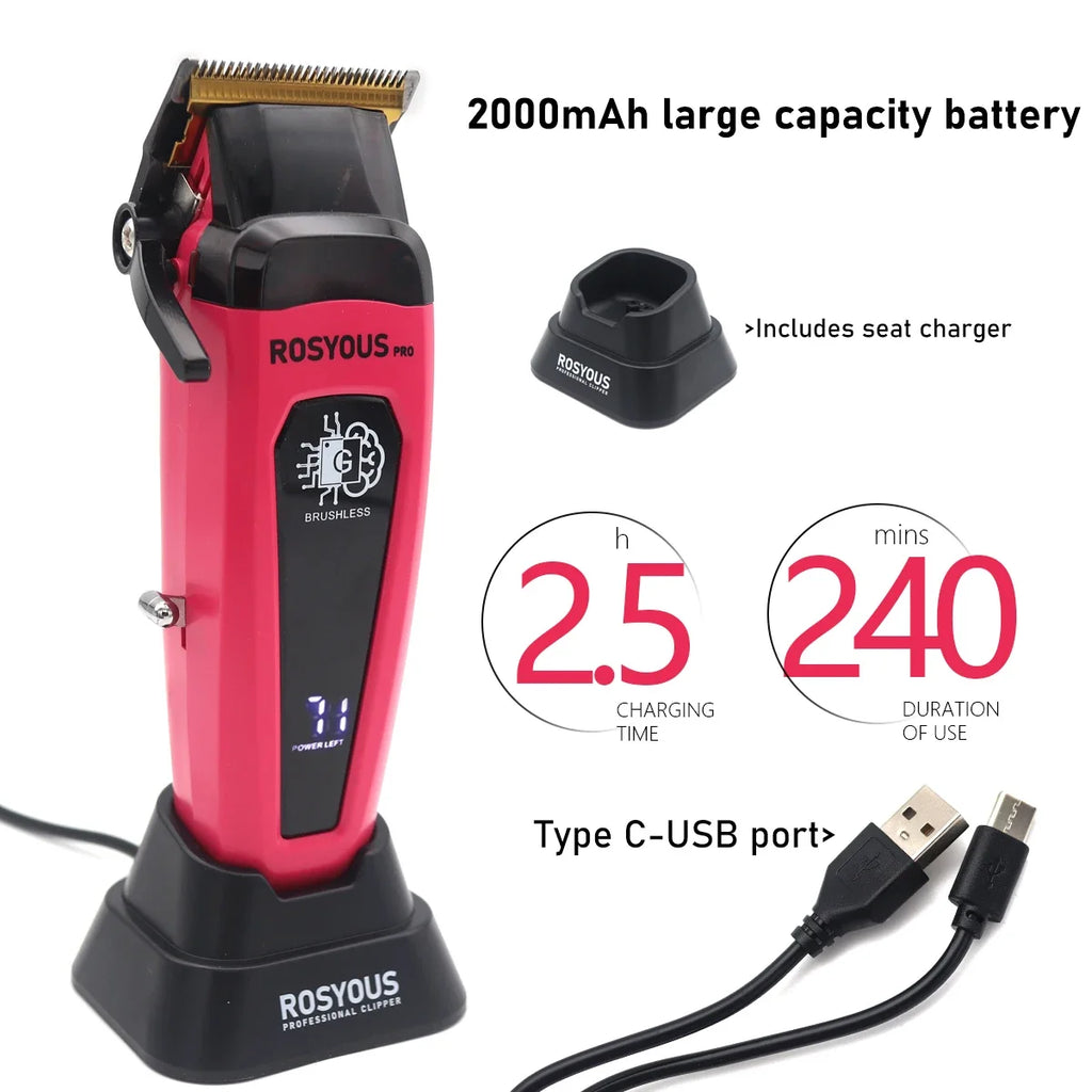 ROSYOUS Professional Brushless Hair Clipper – DLC Blade, LED Display, Base Charger, 240-Min Runtime