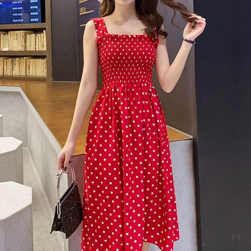Polka Dot Square Neck Chiffon Maxi Dress — Sleeveless Elegant Long Dress