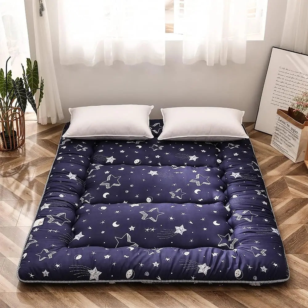 Navy Star Queen Size Foldable Japanese Floor Futon Mattress, Portable Tatami Sleeping Mat for Camping & Indoor Use