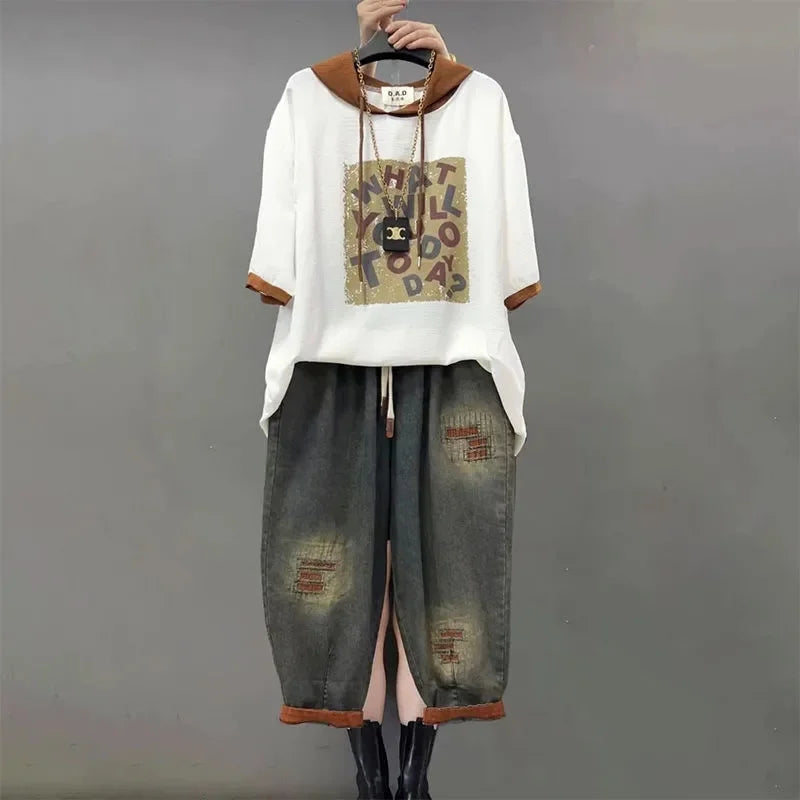 Women's Loose Plus Size Denim Jeans Two-Piece Set | Hooded Printed Casual Fashion Suit
