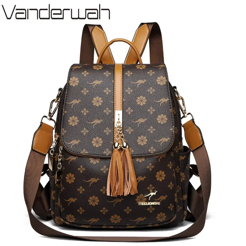 Women's Luxury Leather Backpack – Vintage Print Tassel Fashion Bag