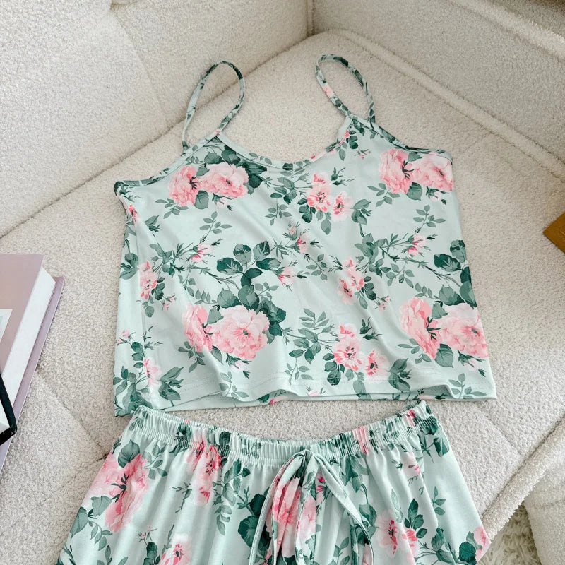 Women's Ice Silk Print Pajama Set | Round Neck T-Shirt & Shorts Breathable Homewear