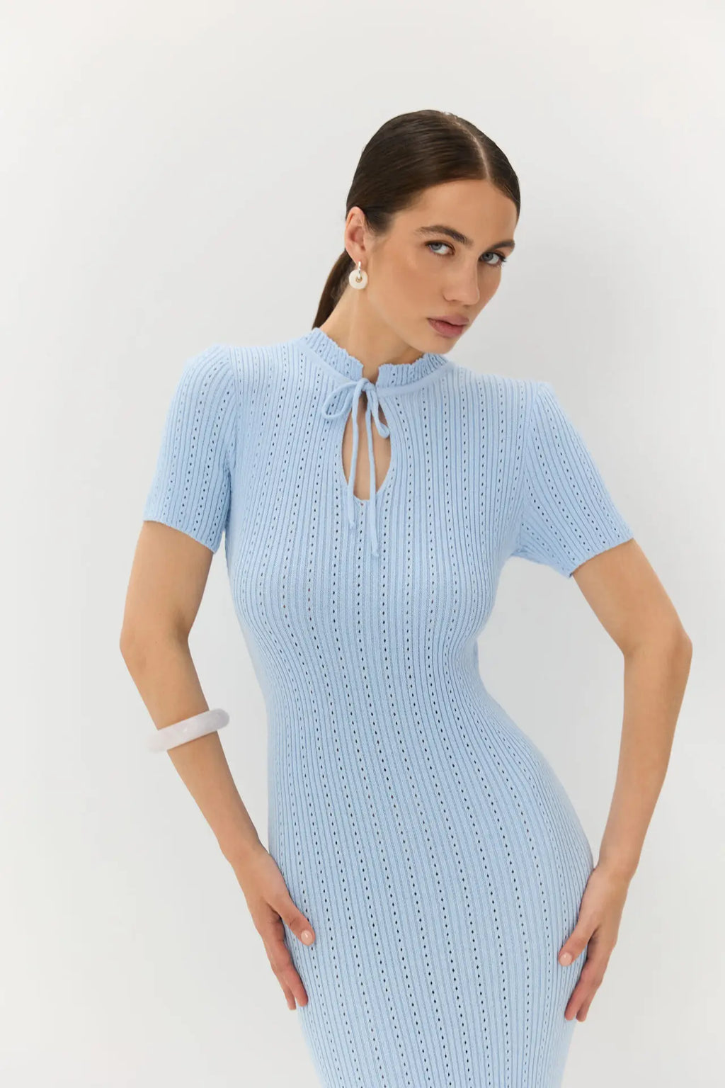 Tossy Knit Hollow Out Lace-Up Dress – Ribbed Short Sleeve Patchwork High Waist Elegant Long Dress
