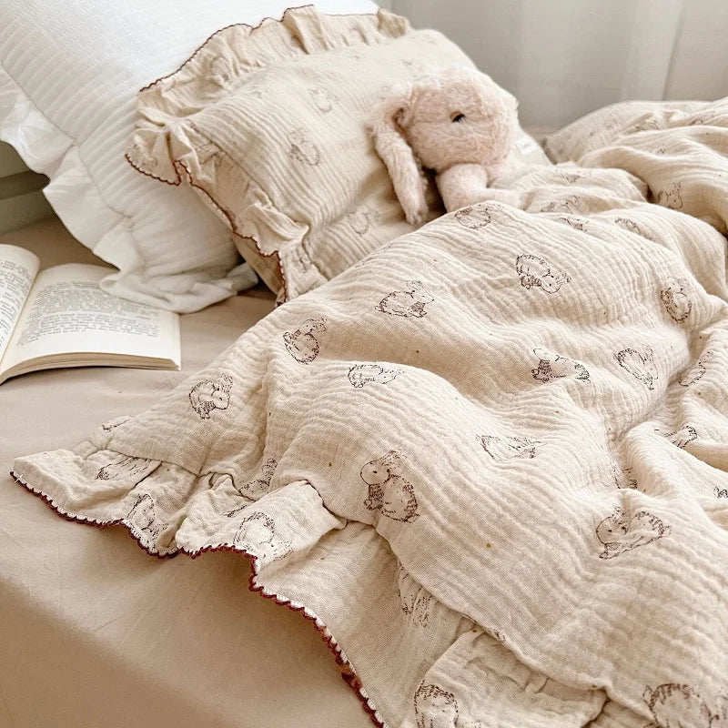 Princess Ruffle Bedding Set – 100% Cotton Gauze Duvet Cover with Pillowcases, Floral, 3-Piece