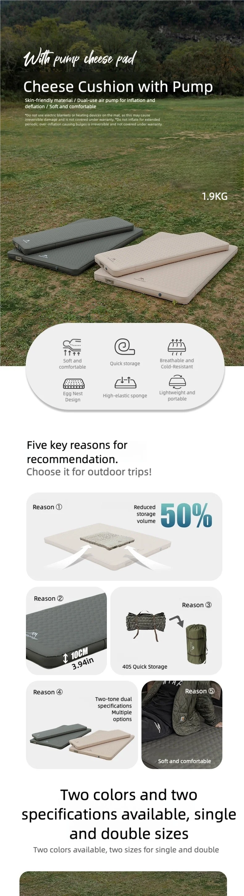 Double Self-Inflating Camping Mattress – Compact Folding Waterproof Outdoor Pad for 2