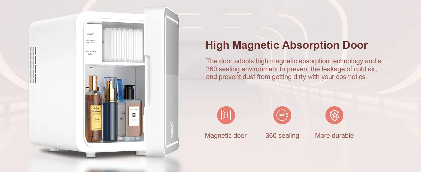 Skincare Fridge with Dimmable LED Light Mirror — 4L Makeup Mini Fridge for Bedroom & Car