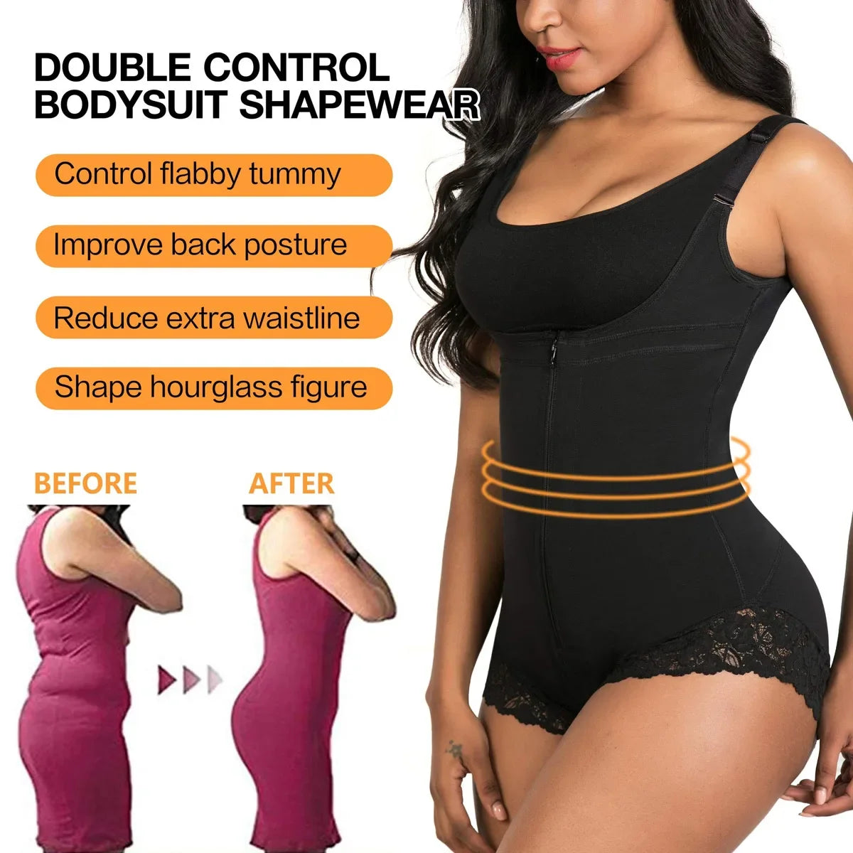 Fitneed Colombian Bodysuit Shaper – Medium Control, Lace Detail, Waist & Tummy, XS–XXXL, Beige & Black