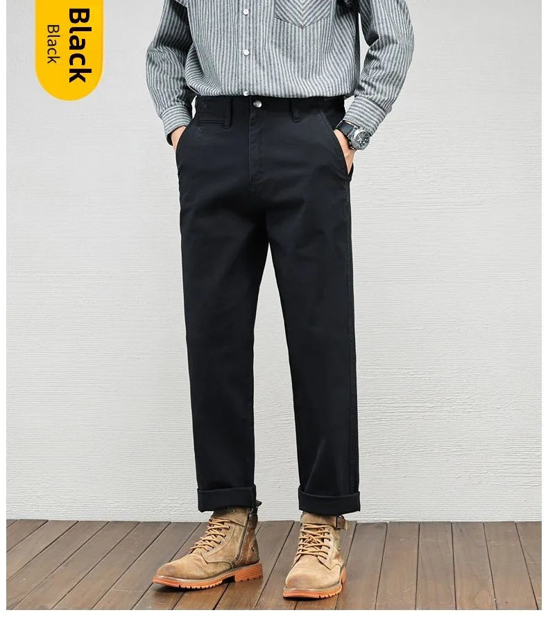 Men's Vintage Straight Leg Cotton Workwear Trousers — Loose Fit Retro Pants for Autumn & Winter