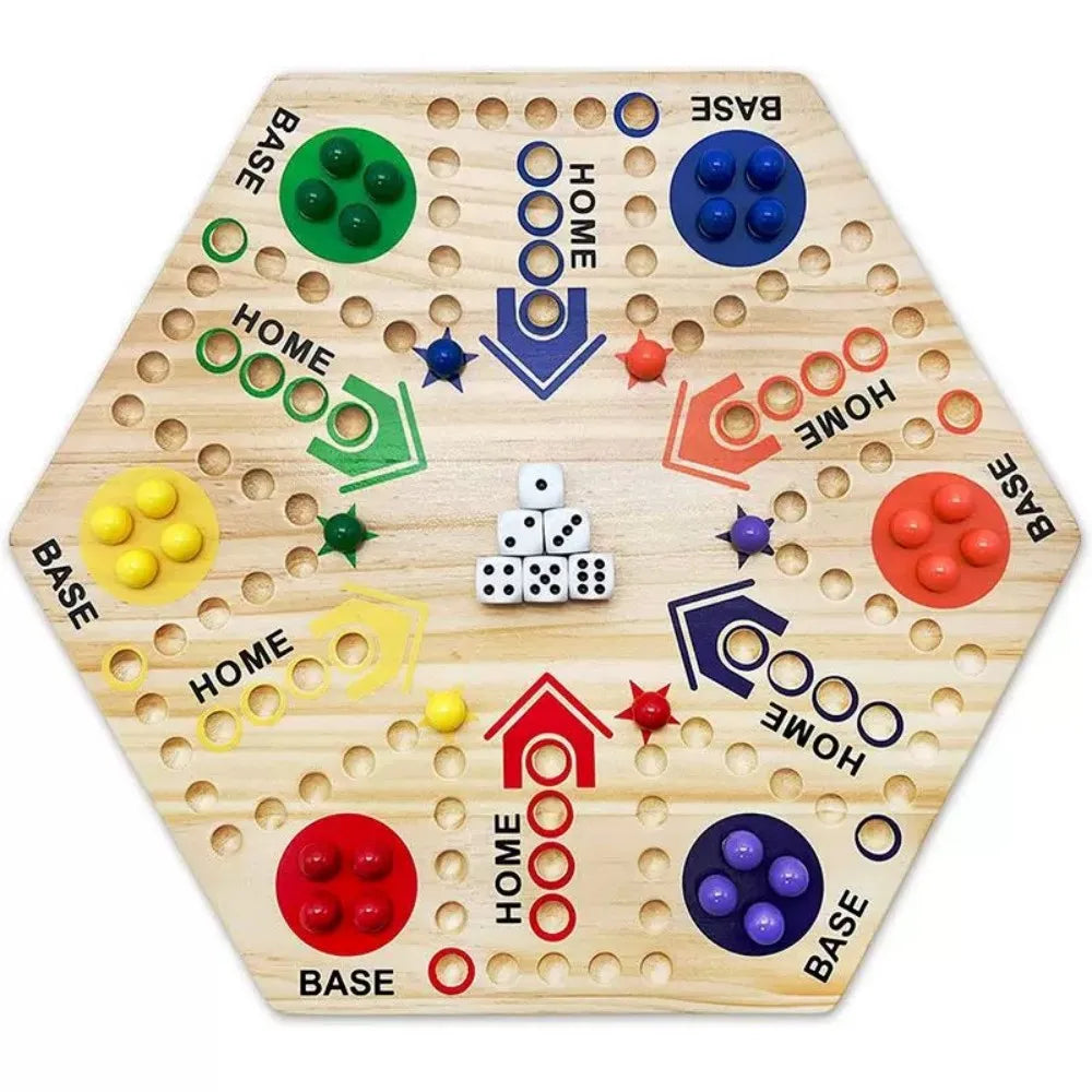 Wahoo Marble Board Game – Double-Sided Wooden Fast Track Game for 4–6 Players, 24 Marbles & 6 Dice