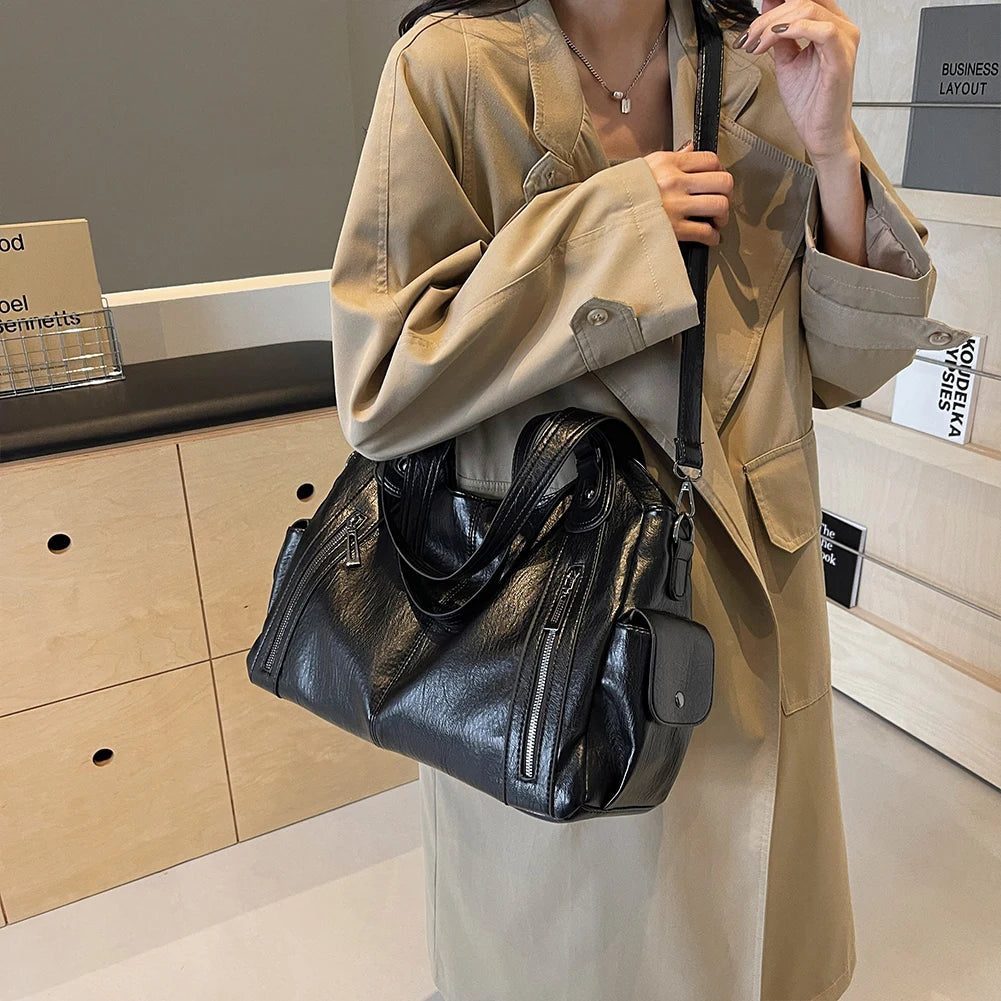 PU Leather Tote Bag with Zipper for Women — Multi-Pocket Shoulder Bag, Retro Crossbody Handbag