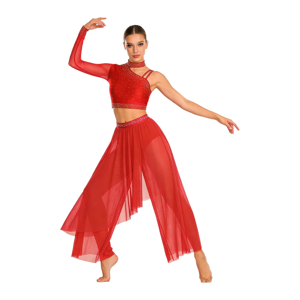 Women's Dance Performance Costume – Shiny Crop Top & Sheer Pants for Skating, Gymnastics & Ballet