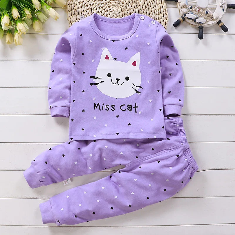 Baby Girl Cartoon Cat Pajamas Set | Long Pants & T-Shirt 2-Piece Girls Clothes 0-6 Years