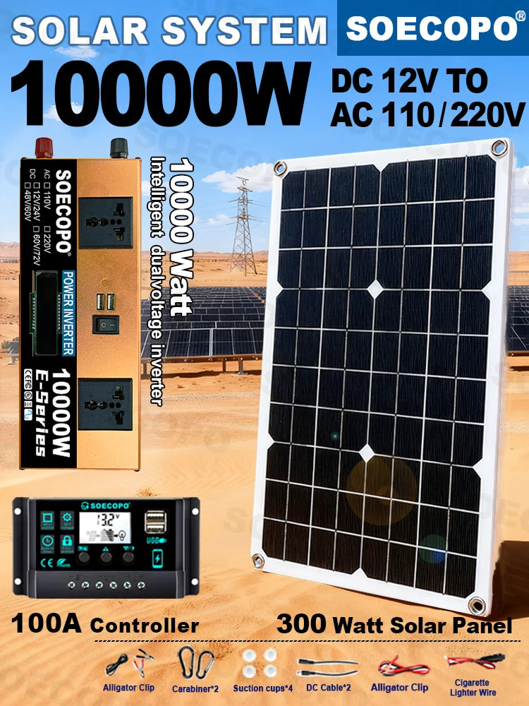 Off-Grid Solar Kit – 10000W Inverter, 500W Solar Panels, 100A Controller, DC 12V/24V to AC 110V/220V