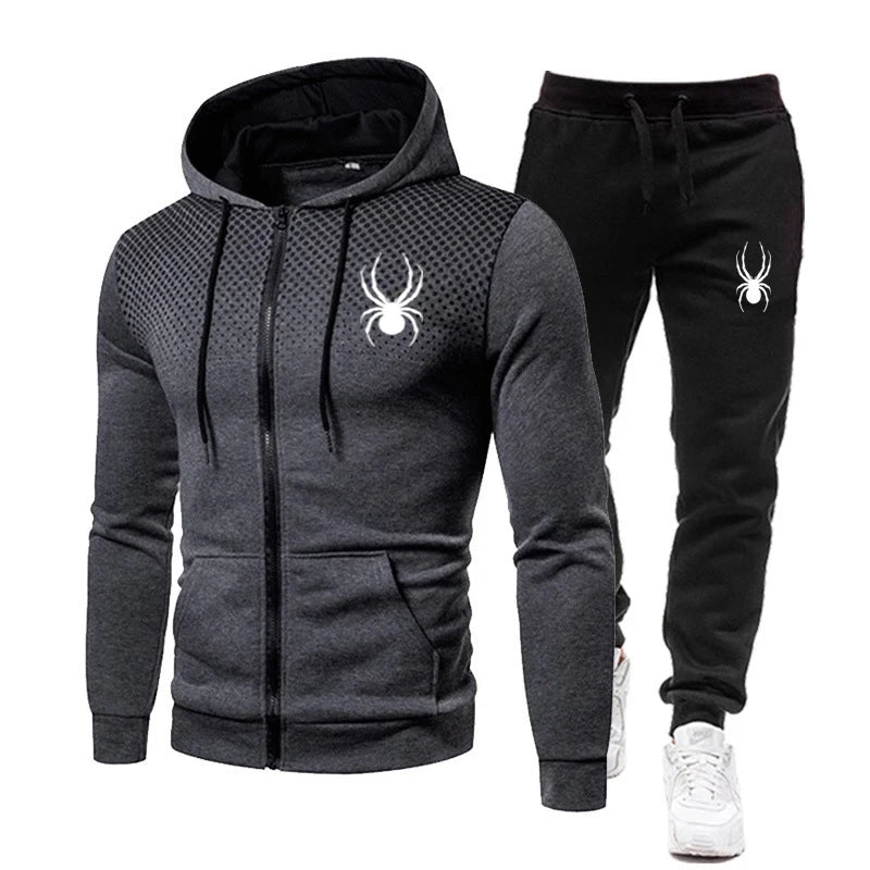 Men's Spider Print Zip Hoodie & Stretch Jogger Pants Fitness Tracksuit – 2-Piece