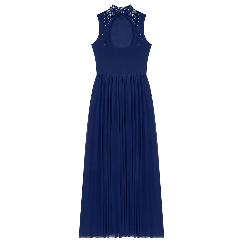 Rhinestone Maxi Sleeveless Contemporary Dance Dress — Mock Neck Wide Hemline Lyrical Leotard