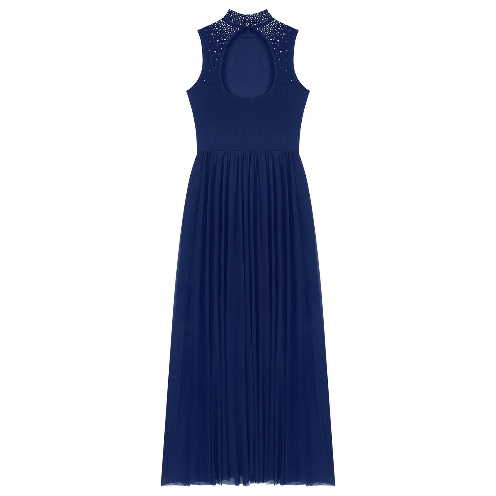Rhinestone Maxi Sleeveless Contemporary Dance Dress — Mock Neck Wide Hemline Lyrical Leotard