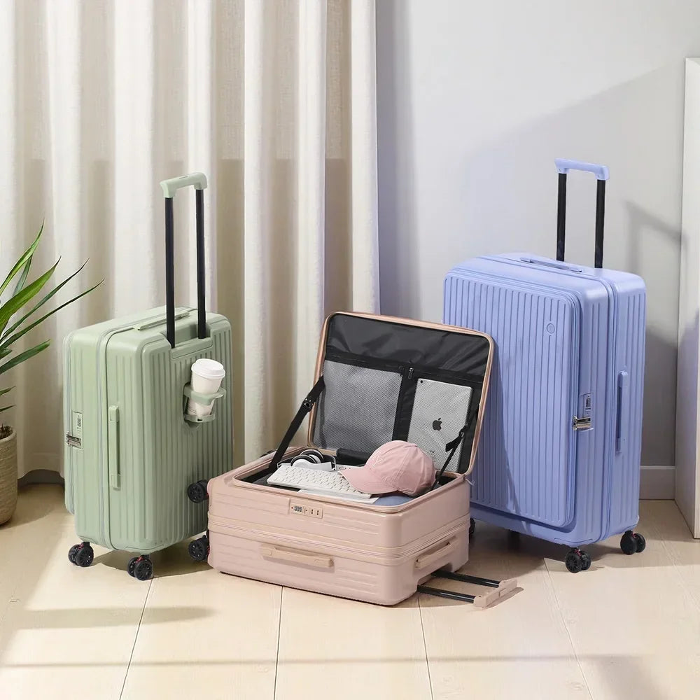 Expandable Front-Opening Suitcase – Cup Holder & Spinner Wheels