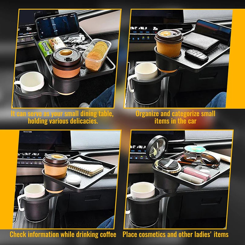 A four-panel collage demonstrating a black car center console organizer tray. The tray is shown holding a coffee maker, takeaway coffee cups, a phone, wallet, sunglasses, and cosmetics, with text labels describing its use in different car settings.