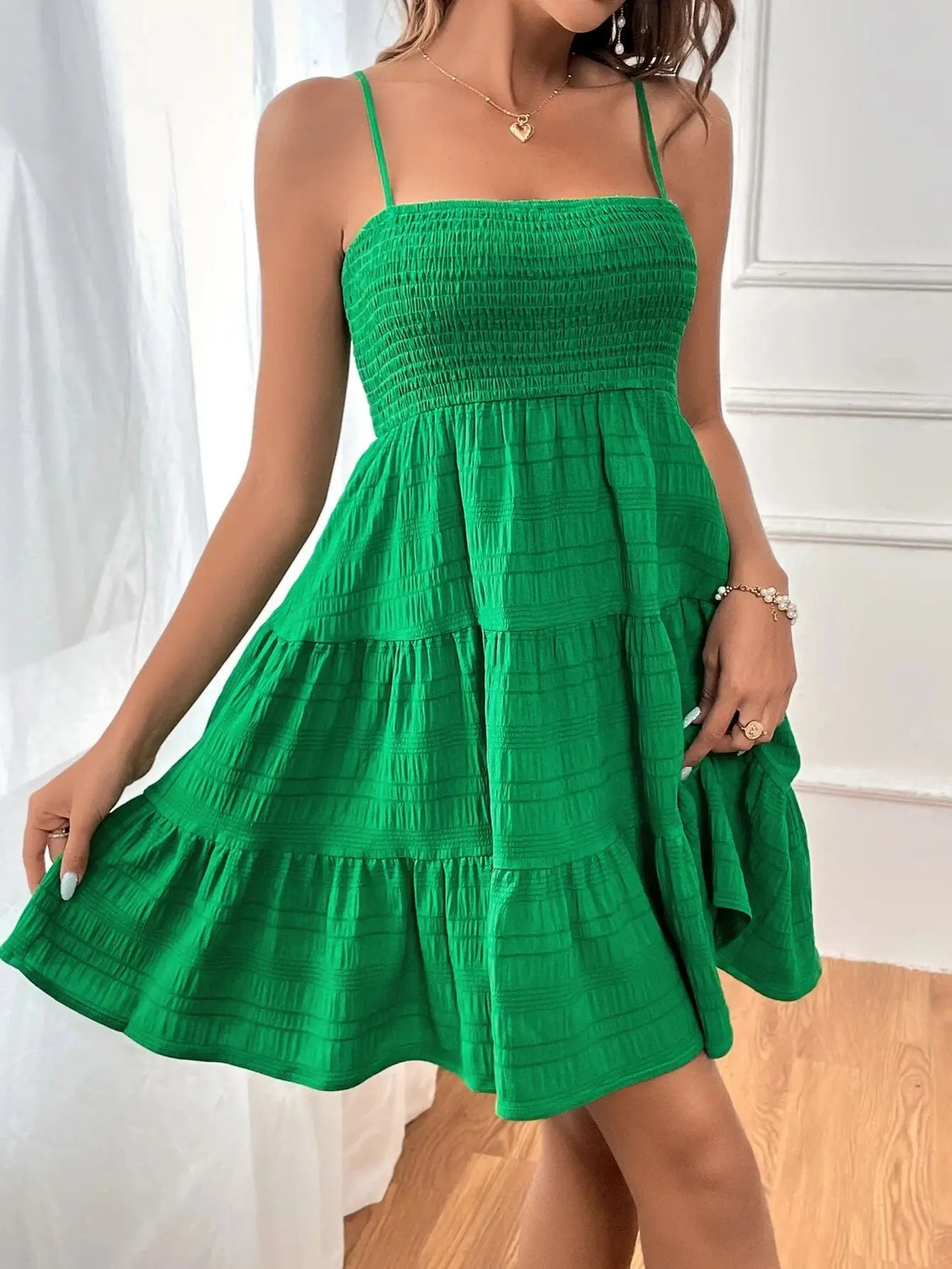 Women's Smocked Bustier Ruffled Tiered Swing Mini Dress – Spaghetti Strap Beach Vacation Dress