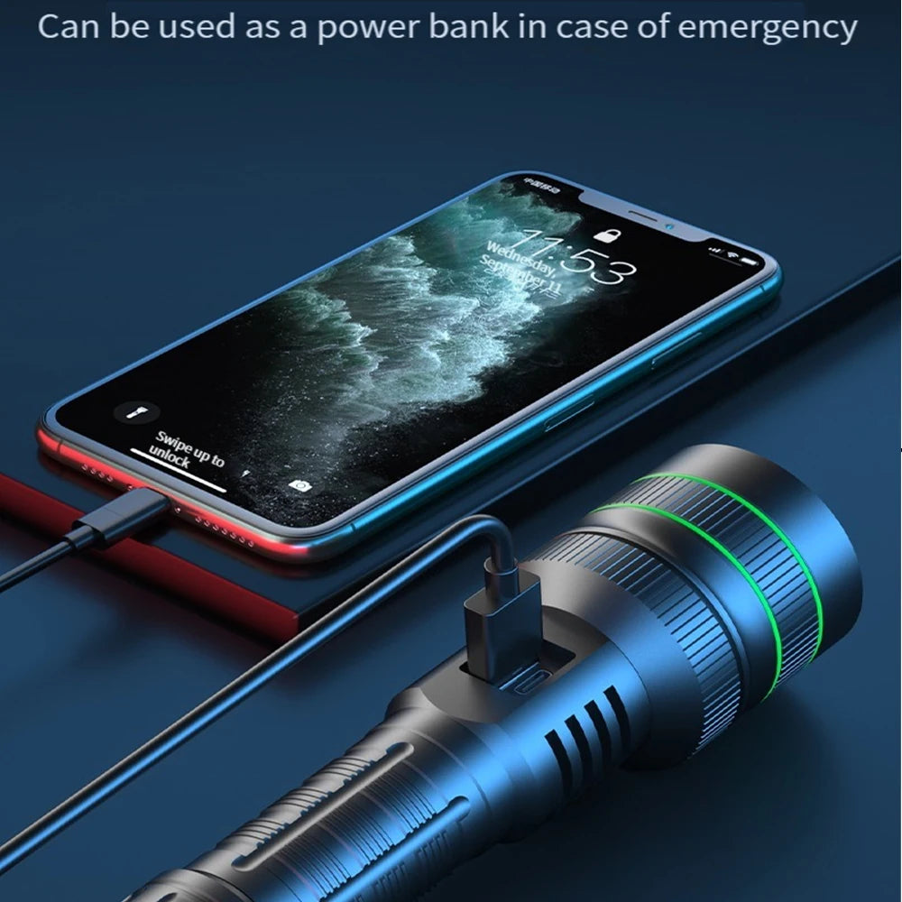 2500 Lumen Long Range LED Flashlight – IPX7 Waterproof, Type-C, 5 Modes, Power Bank Function