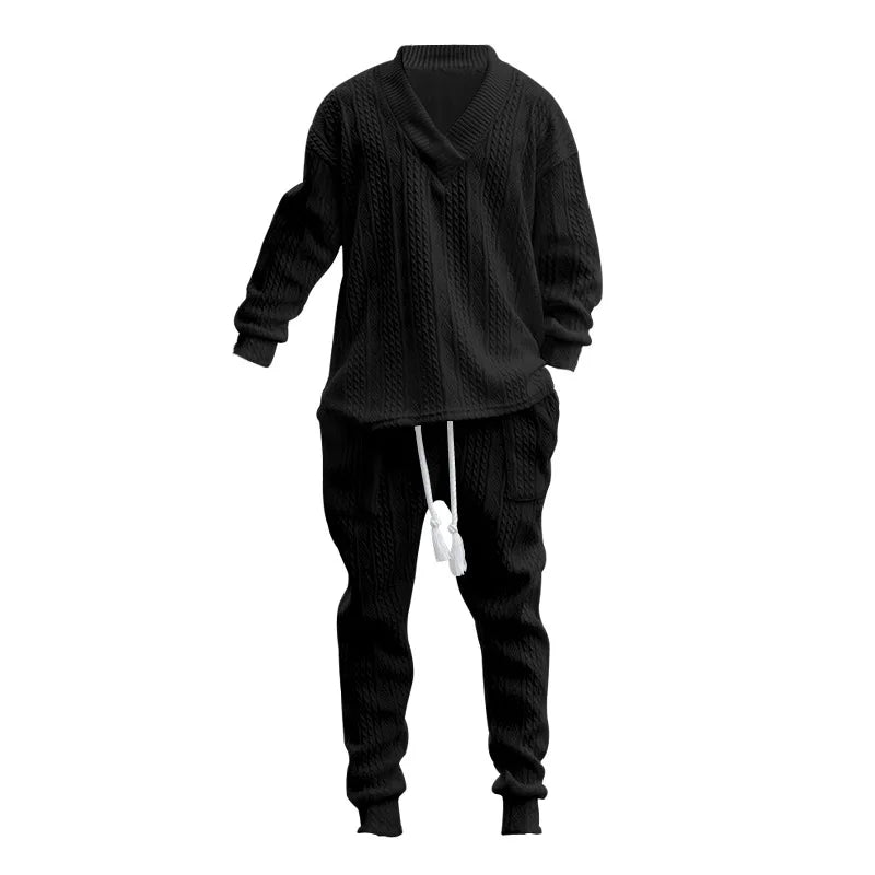 Men's Jacquard Knit Sweater & Casual Trousers Two-Piece Set